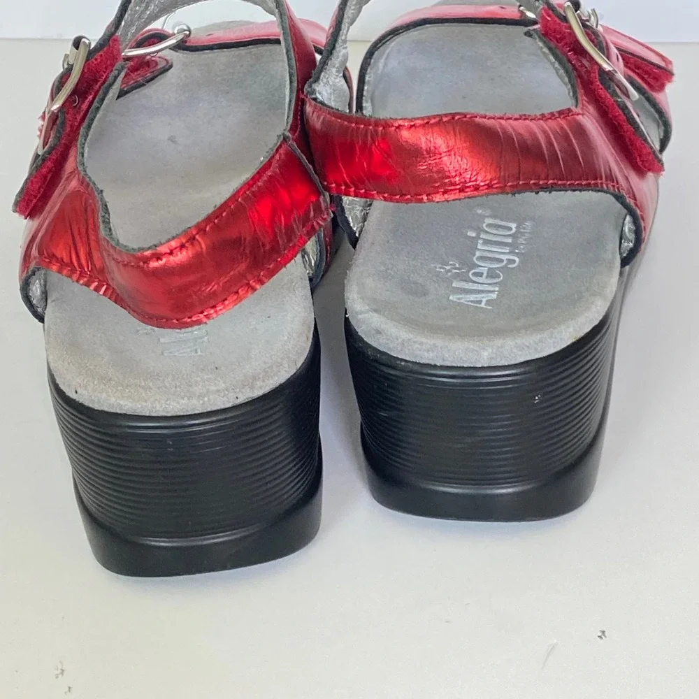 Alegria Morena Red Metallic Leather Platform Wedge Sandals MOR-257 Womens 41
